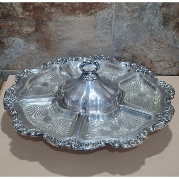 Vintage Silver Plated Lazy Susan Serving Platter 19" Turn Table Vegetable Dip C - Picture 12 of 13